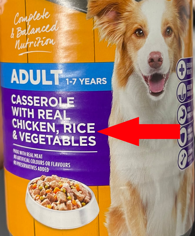 Dog food label and ingredients example