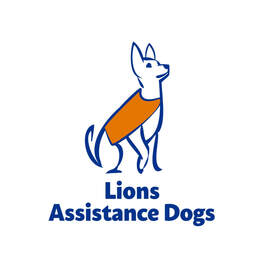 Lions Assistance Dogs Logo, an outline of a sitting dog wearing an orange jacket.